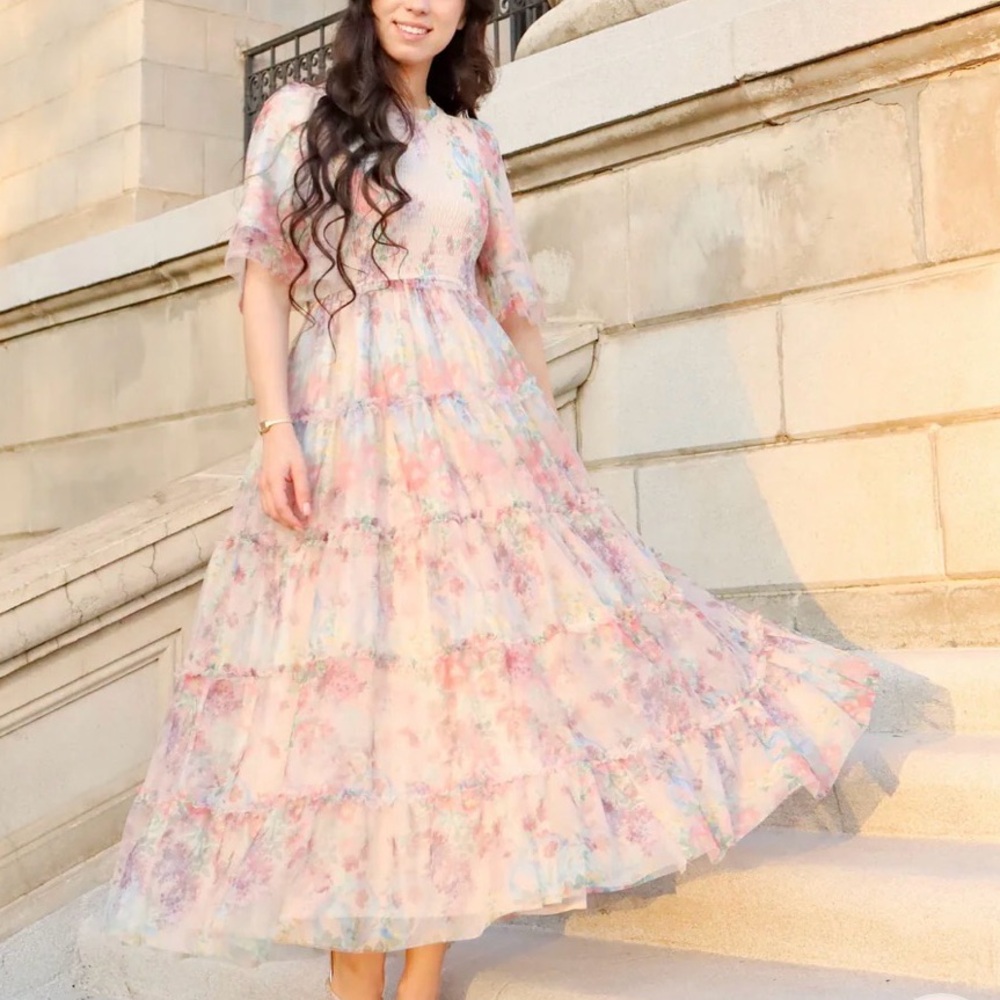 Floral Tulle Tiered Maxi Dress Pink Modest Bridesmaid Prom Formal Smocked Formal
